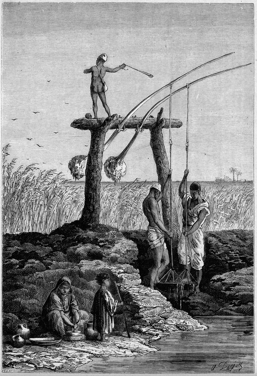 Irrigation en Égypte : chadoufs (ou shadoufs) sur les rives du Nil. Gravure dans "Le Monde Illustré" n°1313 du 27 mai 1882. - Unknown artist