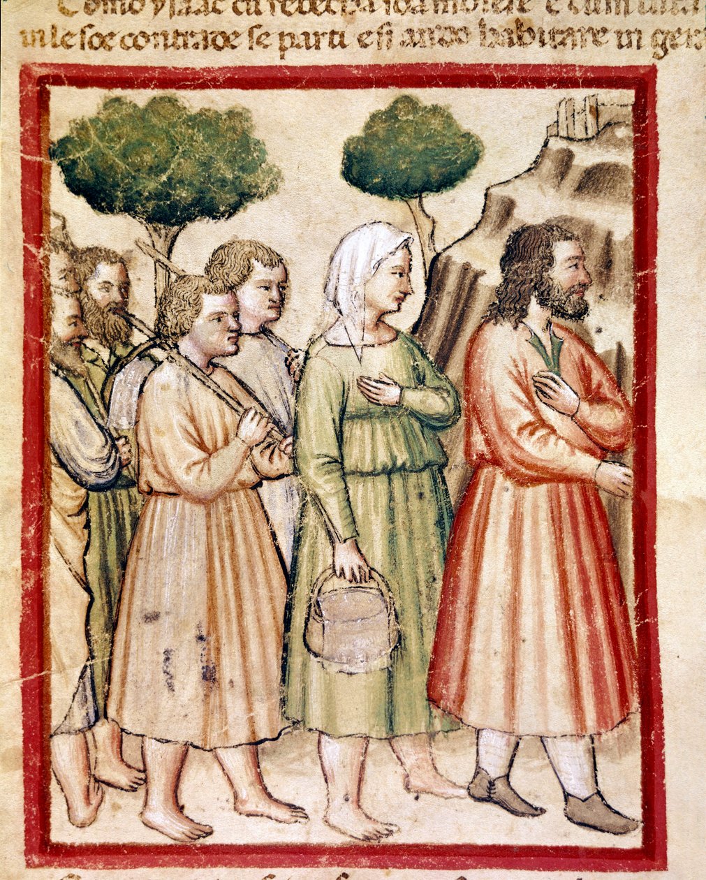 Isaac et sa famille souffrant de famine émigrent vers les terres du roi Abimelech. Miniature du codex 212 (ou padovano ou Bible de Padoue) 1390-1400 Rovigo, Accademia dei Concordi - Unknown artist