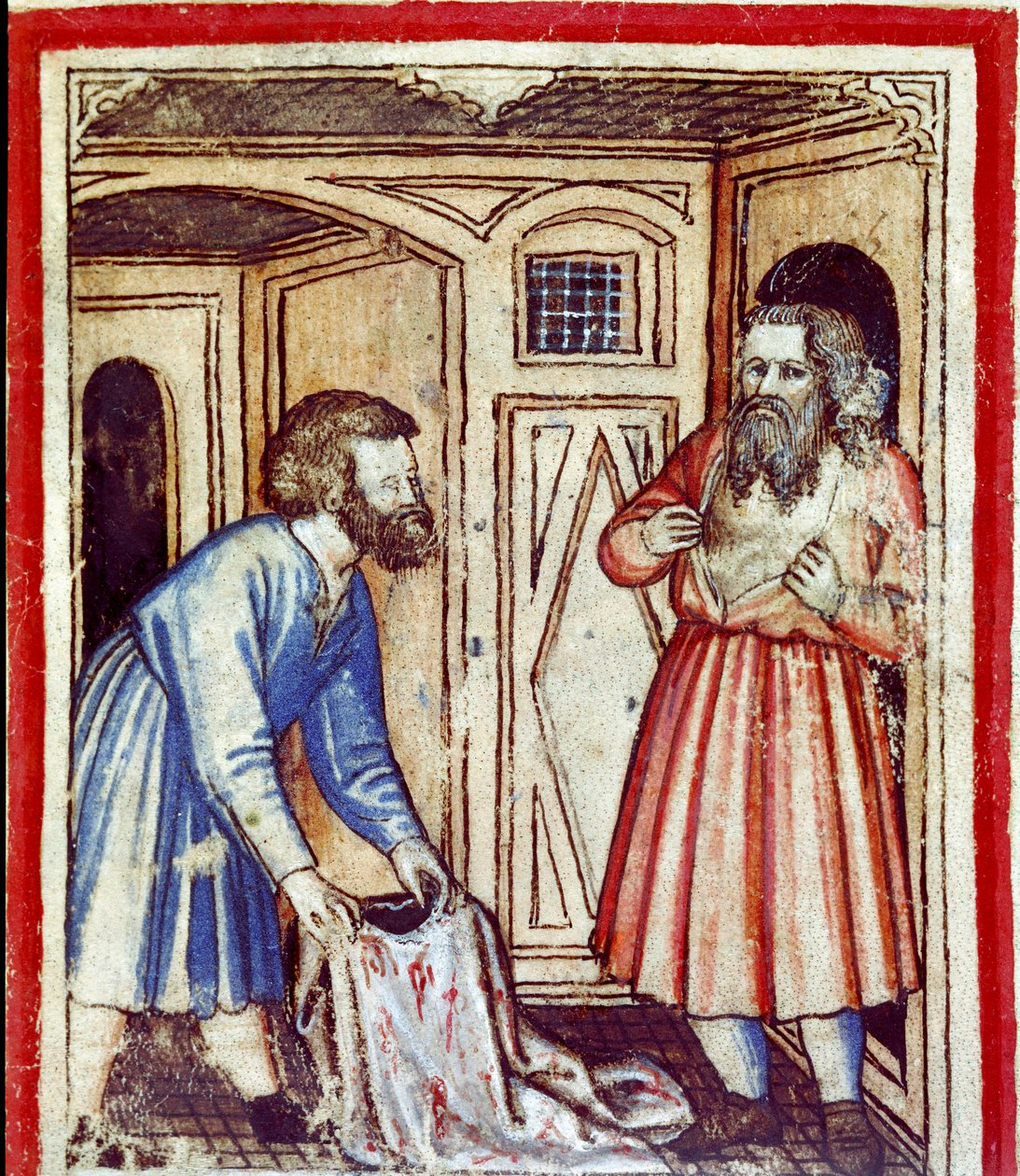 Jacob apprend la mort de son fils Joseph, vendu par ses frères aux Égyptiens. Miniature du codex 212 (ou padovano ou Bible de Padoue) 1390-1400 - Unknown artist