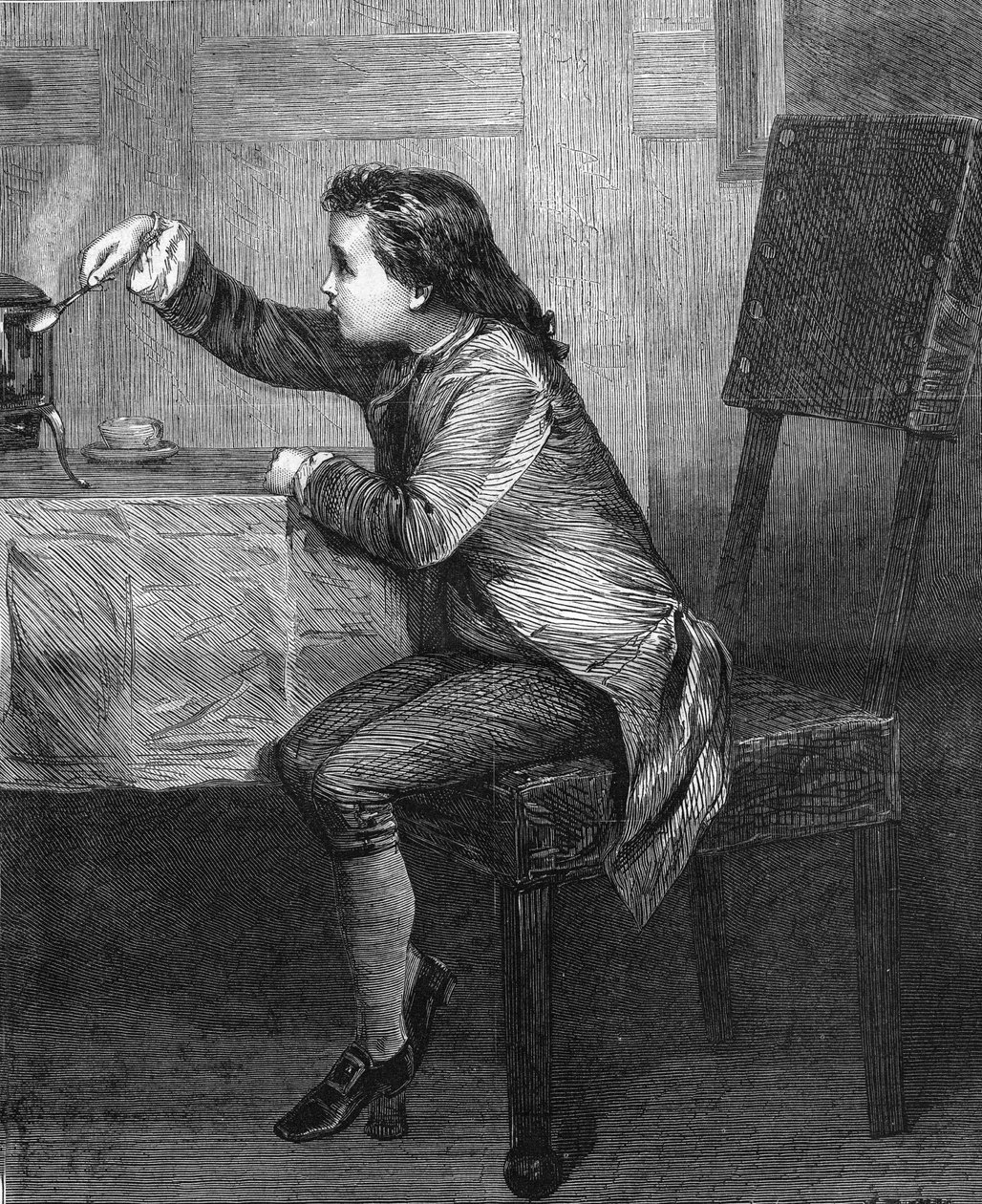 James Watt (1736-1819) enfant découvrant les lois de la vapeur. Gravure de 1868 d