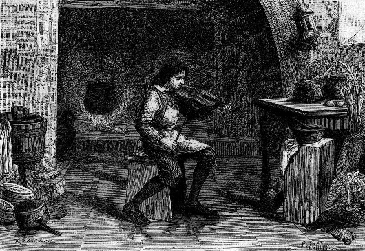 Jean-Baptiste Lully, enfant, jouant du violon dans la cuisine de Mademoiselle de Montpensier. Gravure - Unknown artist