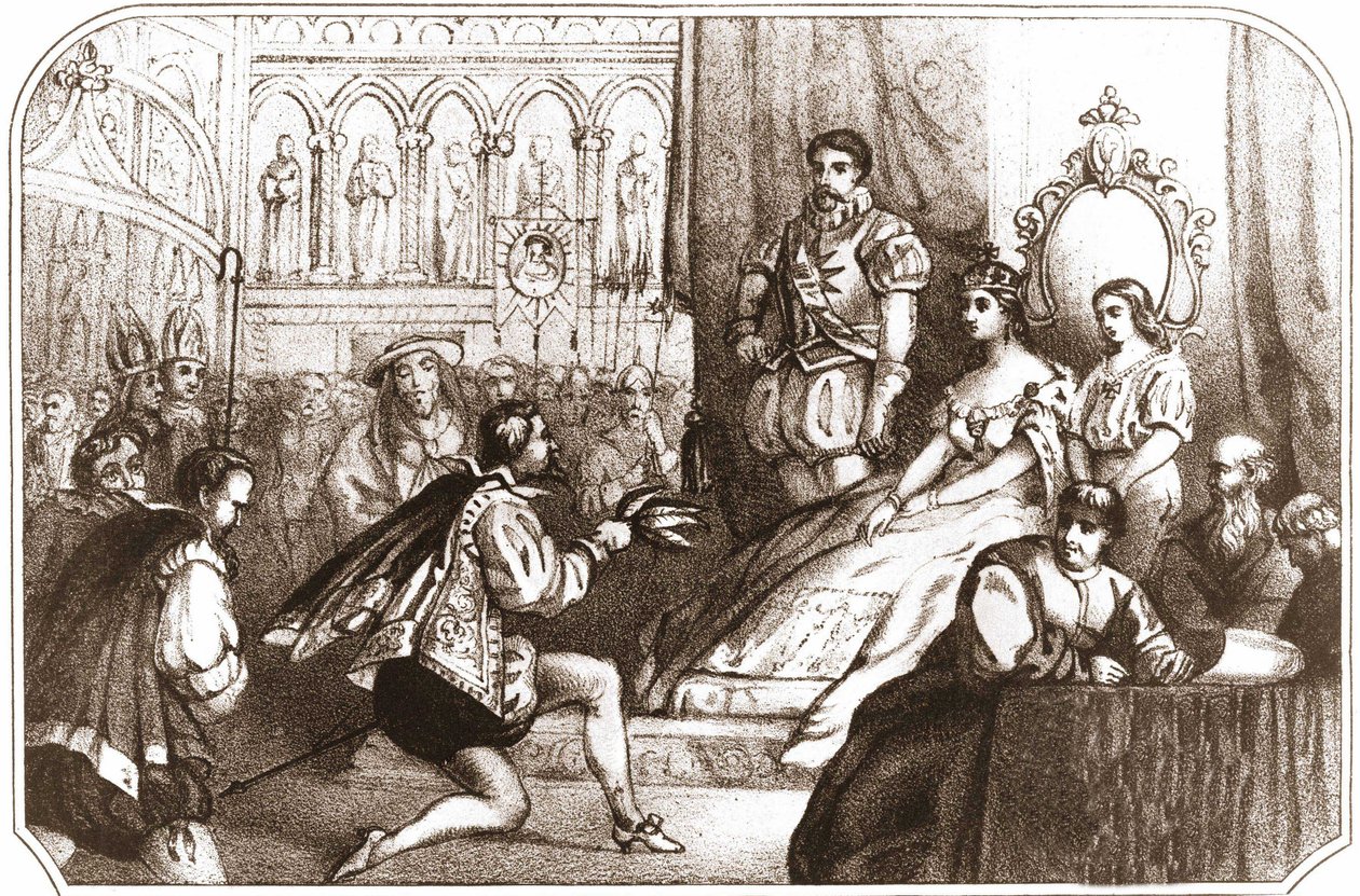 Jean Nicot présentant la plante de tabac à Catherine de Médicis et au Grand Prieur de la Maison de Lorraine. Lithographie du 16e siècle vers 1868 - Unknown artist