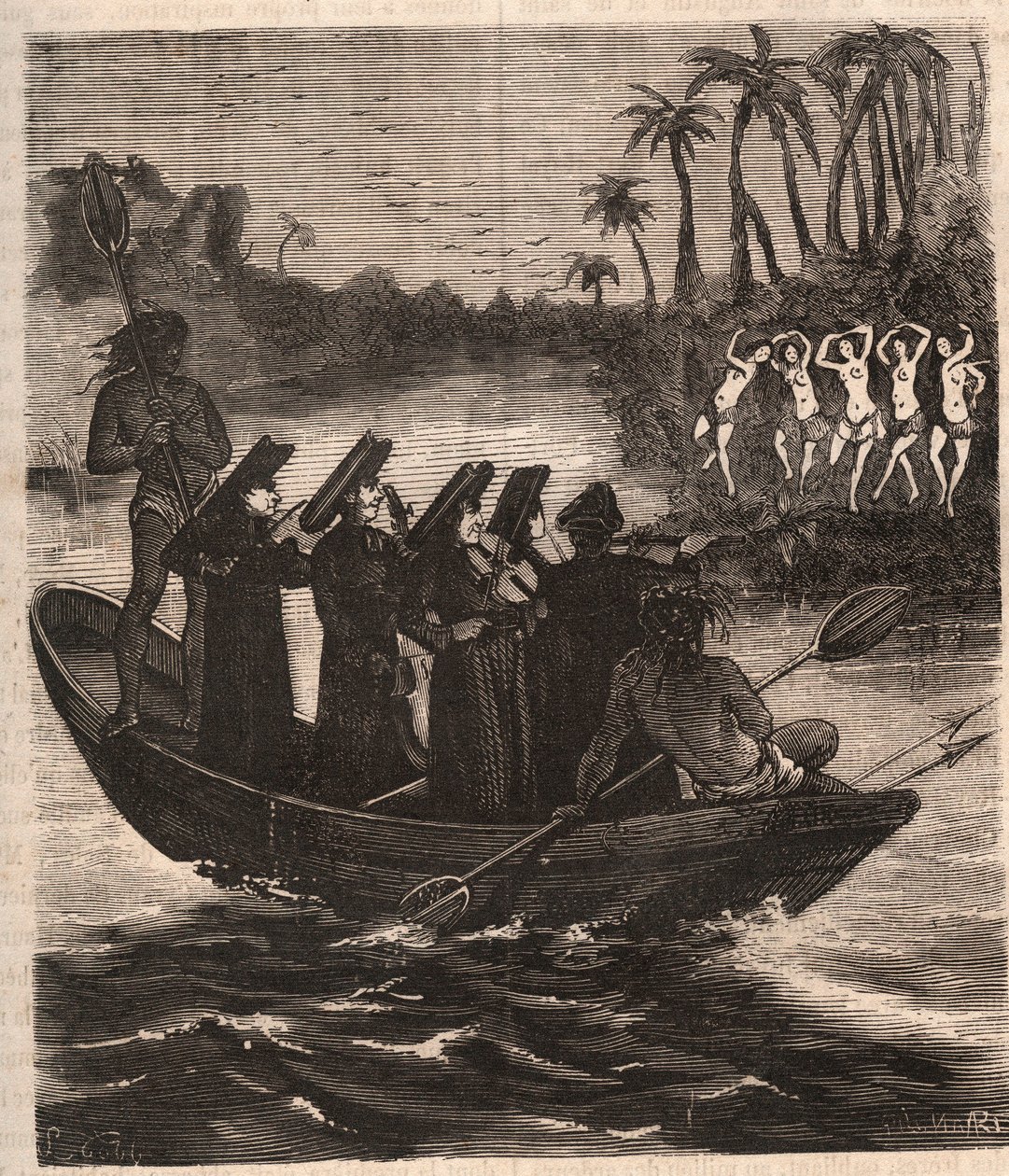 Les missionnaires jésuites arrivent en bateau parmi les Indiens Guarani au Paraguay en 1553 - Gravure de 1879 dans « Histoire des Sociétés Secrètes, Politiques et Religieuses » par Pierre Zaccone (1817-1895) - Unknown artist