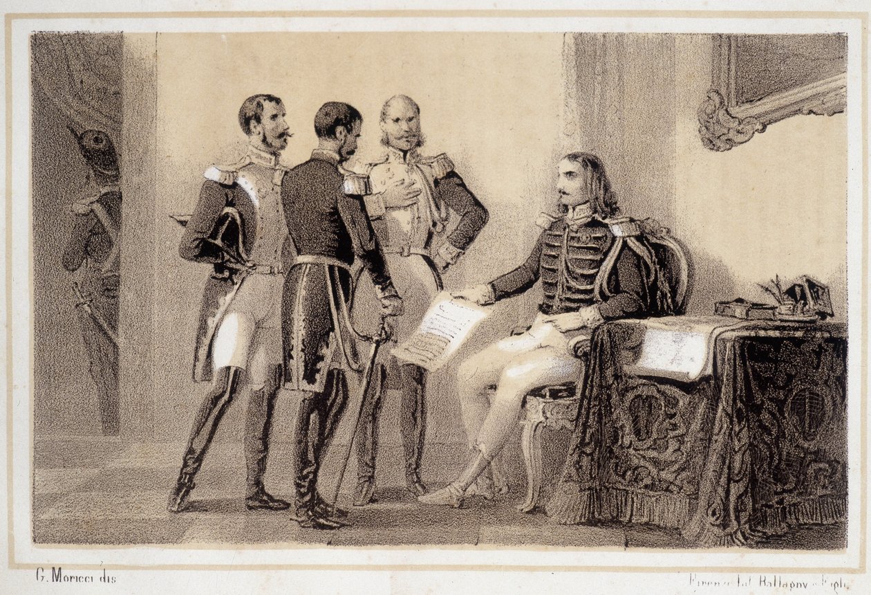 Joachim Murat (1767-1815) présentant à ses généraux le programme aux Italiens - dans « Storia d