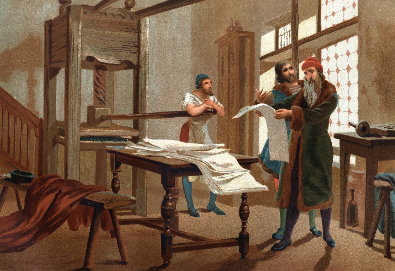 Johannes Gutenberg (1400-1468), imprimeur allemand, imprimant la première feuille de la Bible. de « Hombres y Mujeres célebres ». Barcelone 1877 - Unknown artist