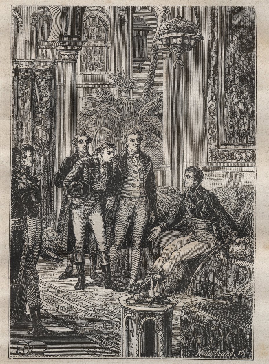 Voyage (1798) de Frédéric Conrad (Konrad) Hornemann (1772-1801) au Fezzan (Libye) : Hornemann est accueilli par Bonaparte au Caire (Égypte) - illustration tirée de « Les Grands Marins du XVIIIe siècle » - Unknown artist
