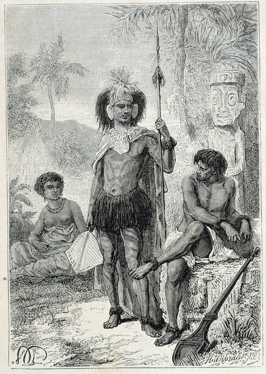 Voyage du capitaine James Cook (1728-1779) : indigènes des îles Marquises - illustration tirée de "Les grands marins du XVIIIe siècle" - Unknown artist