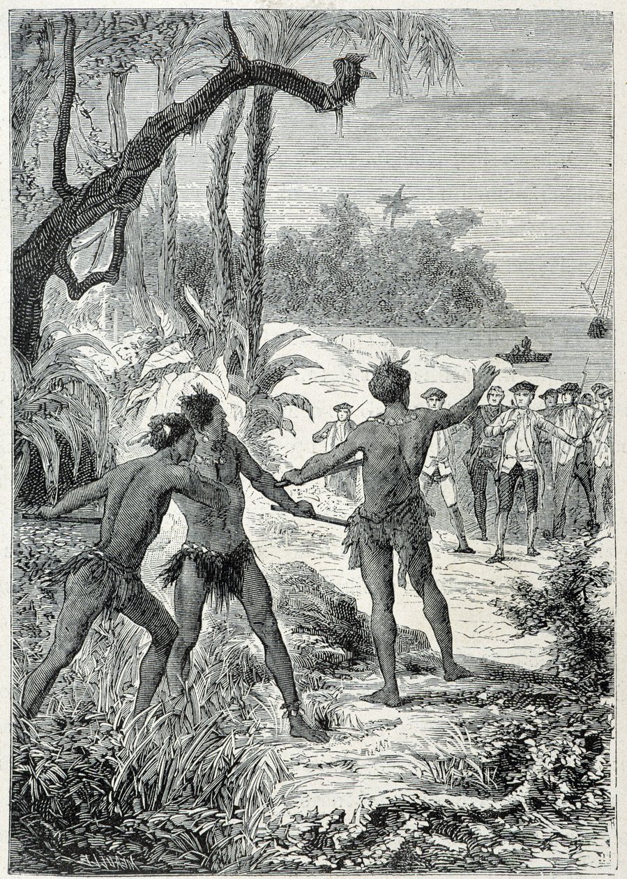 Voyage du Capitaine James Cook (1728-1779) en Nouvelle-Guinée : la première rencontre avec les indigènes, illustration tirée de « Les Grands Marins du 18ème siècle » - Unknown artist