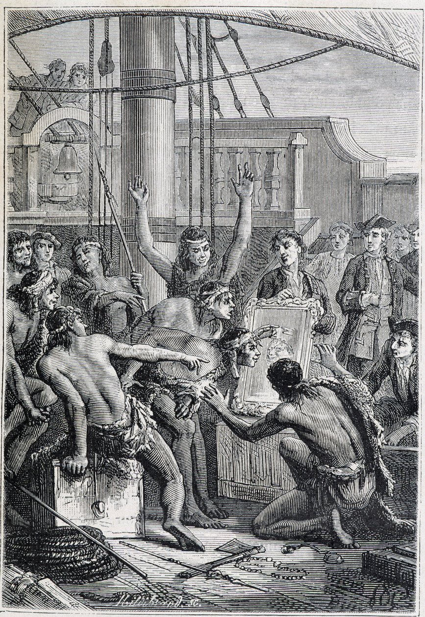 Voyage de Samuel Wallis (1728-1795) en Polynésie : indigènes étonnés par un miroir - illustration tirée de "Les grands marins du 18e siècle" - Unknown artist