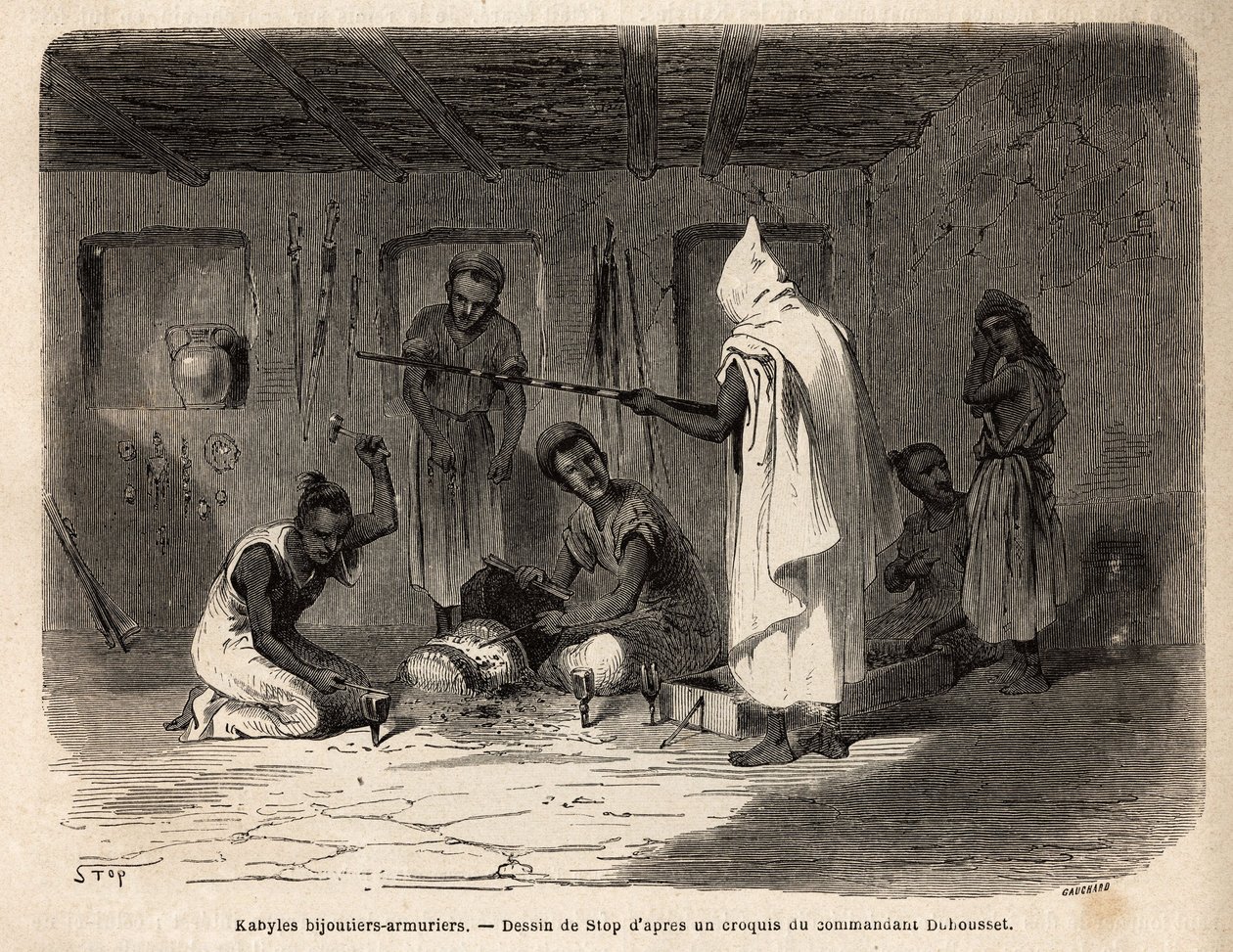Artisans kabyles réputés pour leur habileté à fabriquer des bijoux et des armes (et autrefois de la fausse monnaie) dans la région de Djura (Algérie). Gravure pour illustrer l