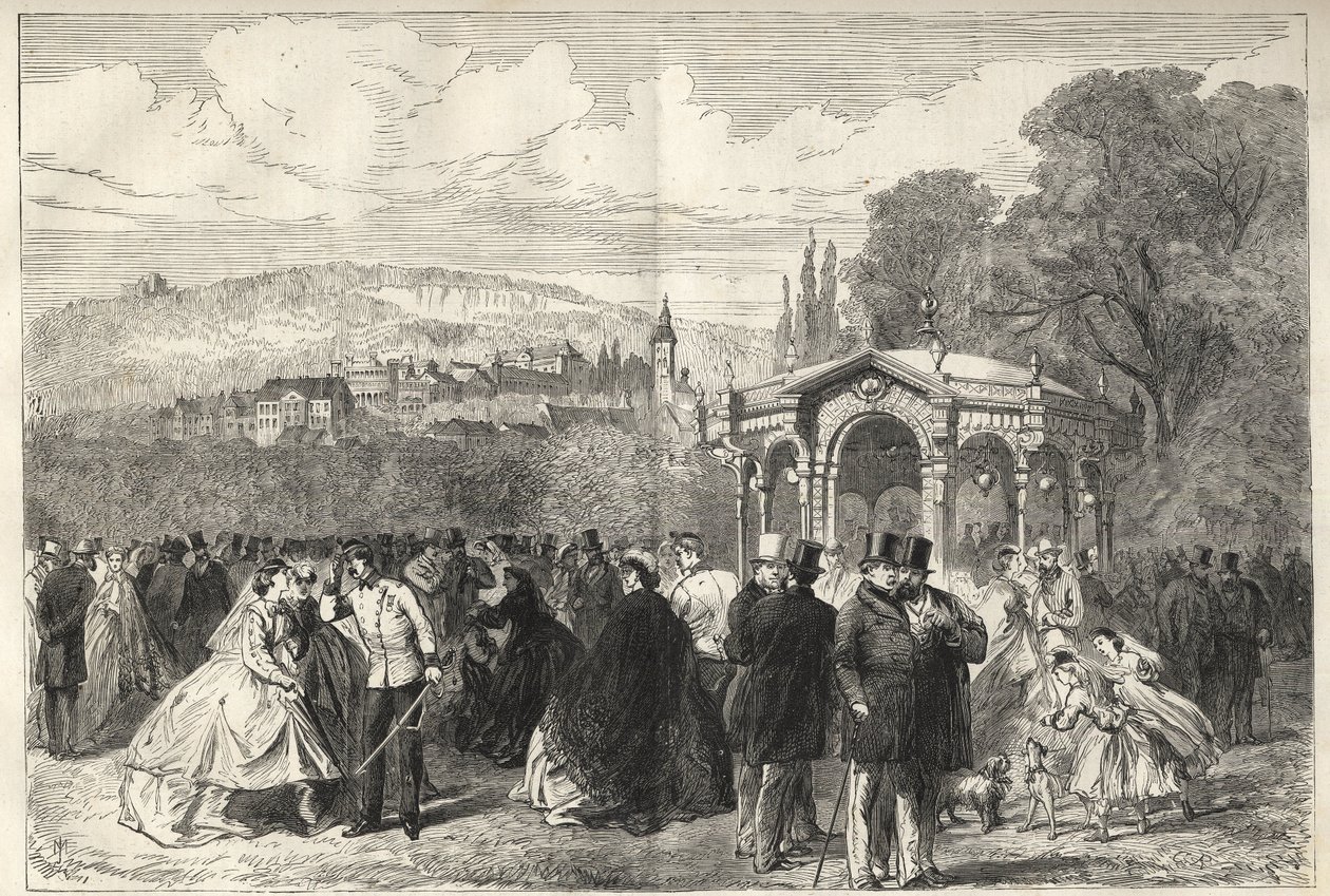 Konversationshaus - Baden Baden (Baden-Baden), Allemagne - La promenade devant la maison de conversation - Vue générale de Baden-Baden depuis les jardins de la Maison de Conversation - 1867 - Unknown artist