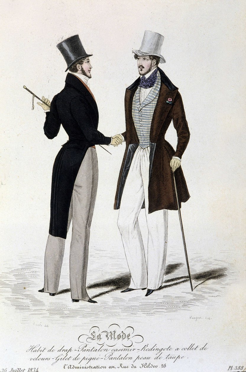 La Mode du 26 juillet 1834 : (mode masculine) costume en drap - pantalon en casimir - redingote avec col en velours - gilet en piqué - pantalon en peau de taupe et haut-de-forme - Unknown artist