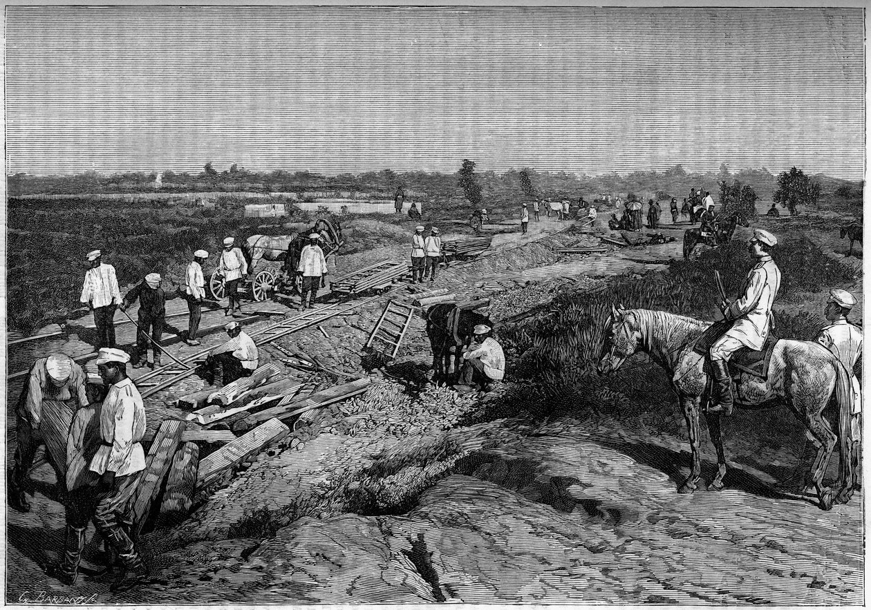 La pose des rails du chemin de fer Transcapien. Gravure dans le journal « La jeunesse » - Unknown artist
