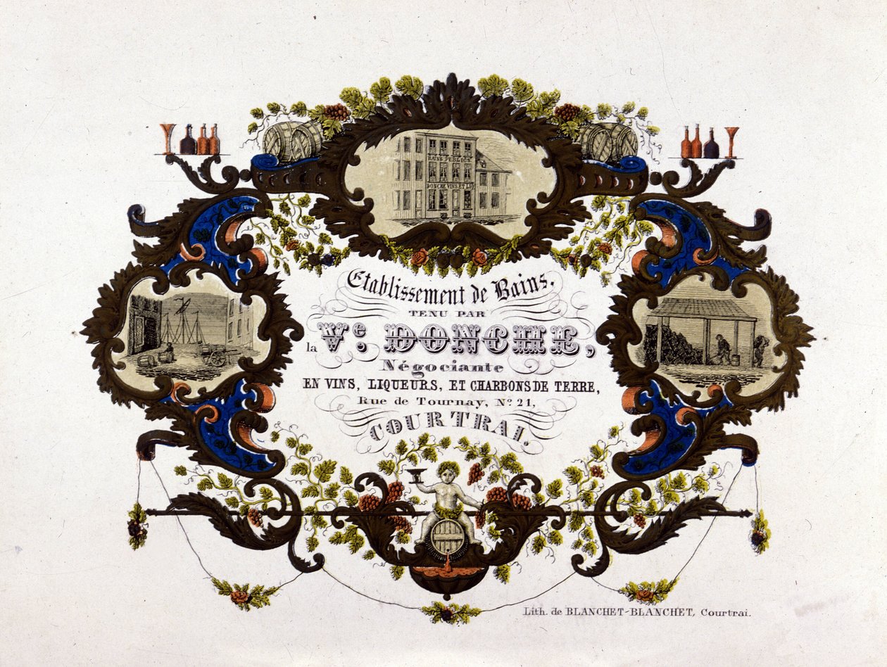 Étiquette pour une cave à vin, liqueurs et charbons de terre. Lithographie - Unknown artist