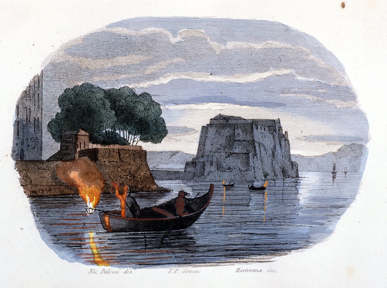 Pêche au lamparo, une lampe utilisée pour attirer les poissons, dans la baie de Naples - Unknown artist