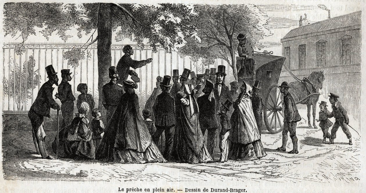 Le prêche en plein air, à Londres, dessin de Durand Brager, pour illustrer une excursion dans les quartiers pauvres de Londres, en 1862, par L. Simonin. Gravure dans "Le tour du monde", édité par Edouard Charton - Unknown artist