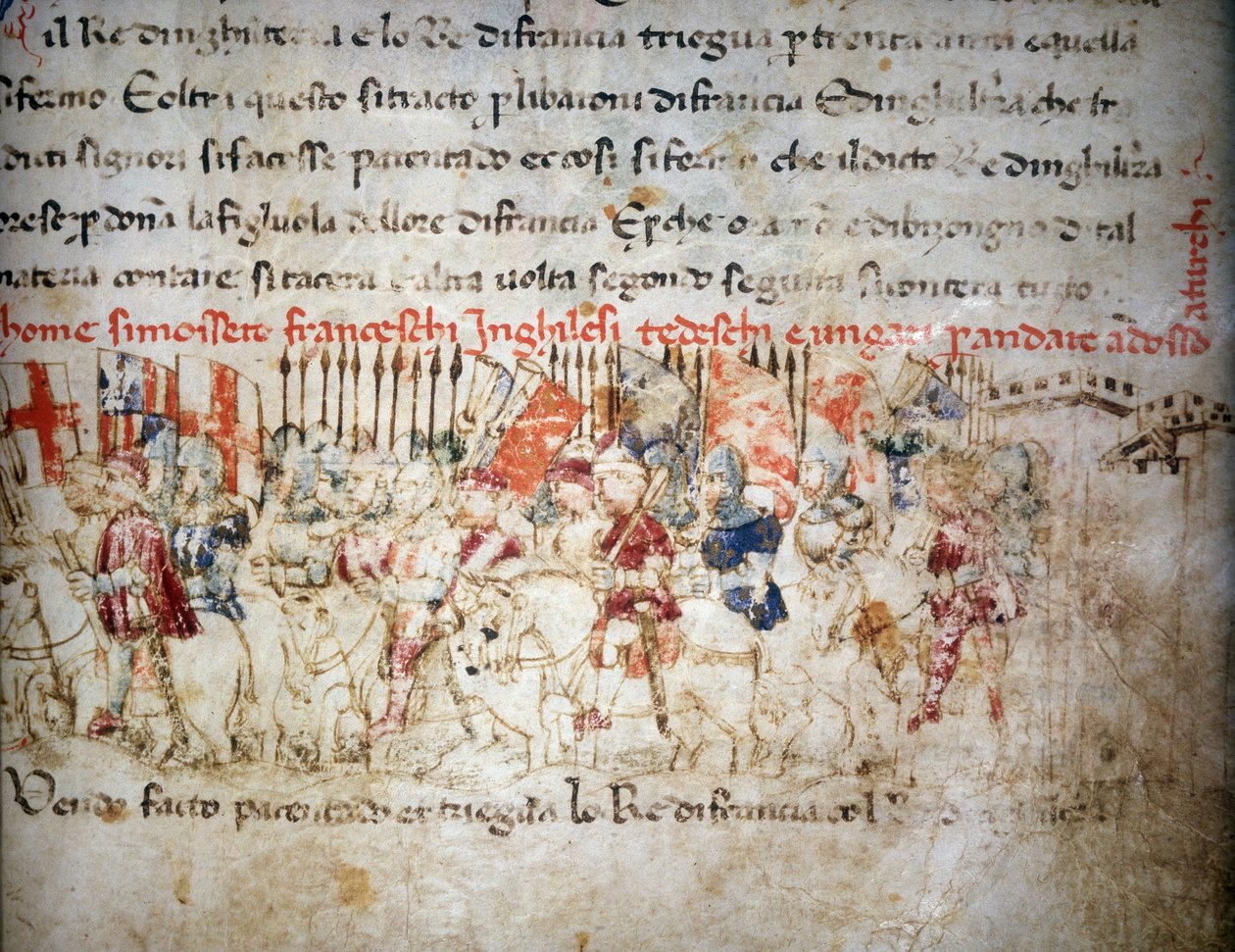 Ligue des Français, Anglais, Allemands et Hongrois contre les Turcs en 1391 - dans « Chroniques de Sercambi », vers 1400. Archives nationales, Lucques - Unknown artist