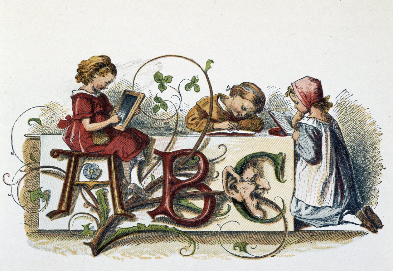 Lecture et écriture des enfants - dans « Les jeux des enfants », ed. London, George Ronthedge and sons, fin du 19e siècle - Unknown artist
