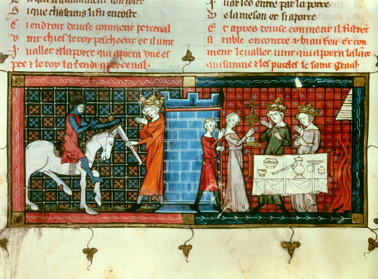 À gauche : Perceval recevant une épée du roi Pescheor. À droite : Procession du Saint Graal. Miniature du « Conte du Graal » - Unknown artist