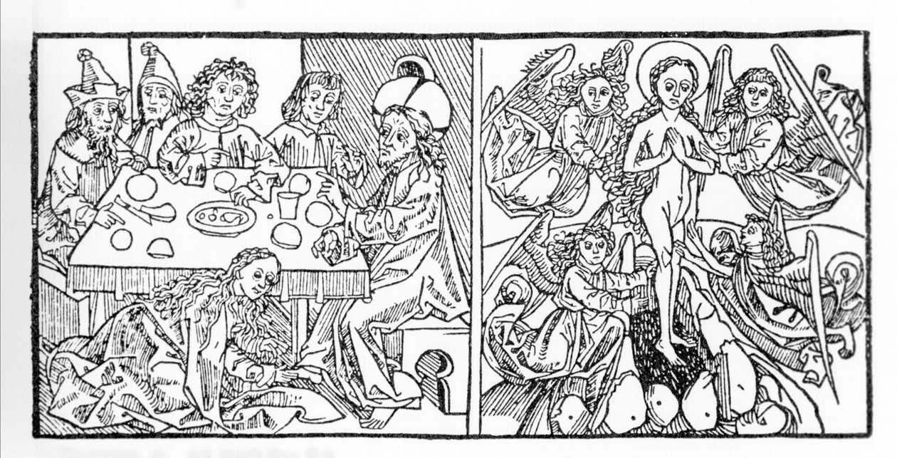 À gauche : Sainte Marie-Madeleine sèche les pieds de Jésus avec ses cheveux. À droite : Sainte Marie-Madeleine monte au Ciel. Manuscrit de 1488 imprimé à Nuremberg. Gravure de « Leben der Heiligen - sommerteil » (Le livre des saints) par Jacobus de Voragin - Unknown artist