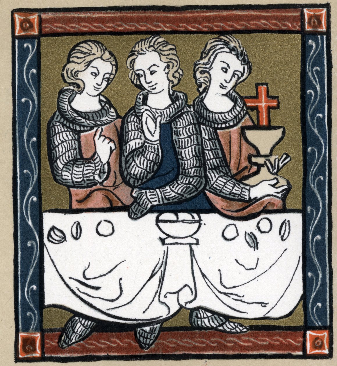 Légende arthurienne : Galahad (Gaalad ou Galaad), Perceval et Bohort (Bors ou Borrt) avec le Saint Graal. Dans « Geschichte der Französischen Literatur » par Hermann Suchier - Unknown artist