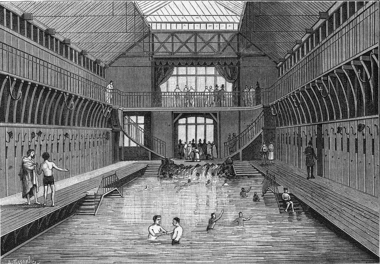 Les bains publics à bon marché de la rue Château-Landon à Paris en 1884. Dans « La Nature. Revue des sciences et de leurs applications aux arts et à l