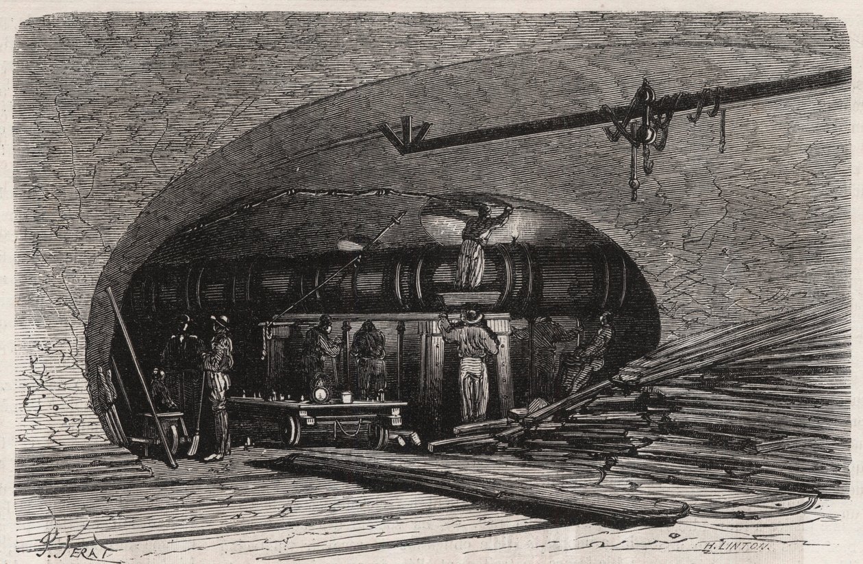 Les égouts de Paris: courbure de la conduite près du pont Saint-Michel, place du Châtelet - Gravure dans « Le Monde Illustré » - Unknown artist