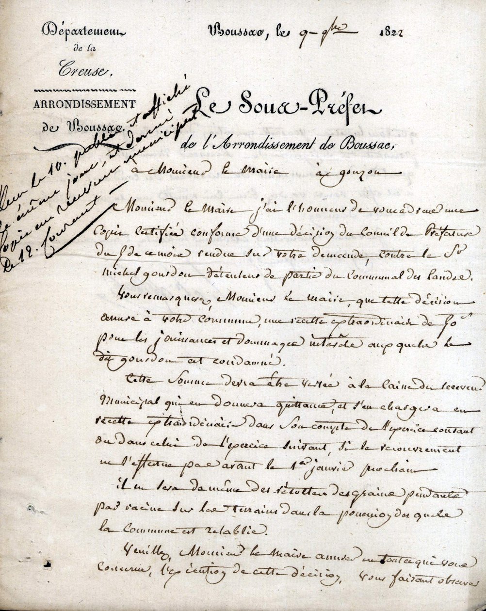 Lettre du sous-préfet de la Creuse (arrondissement de Boussac) au maire de Gouzon, 9 septembre 1822. - Unknown artist