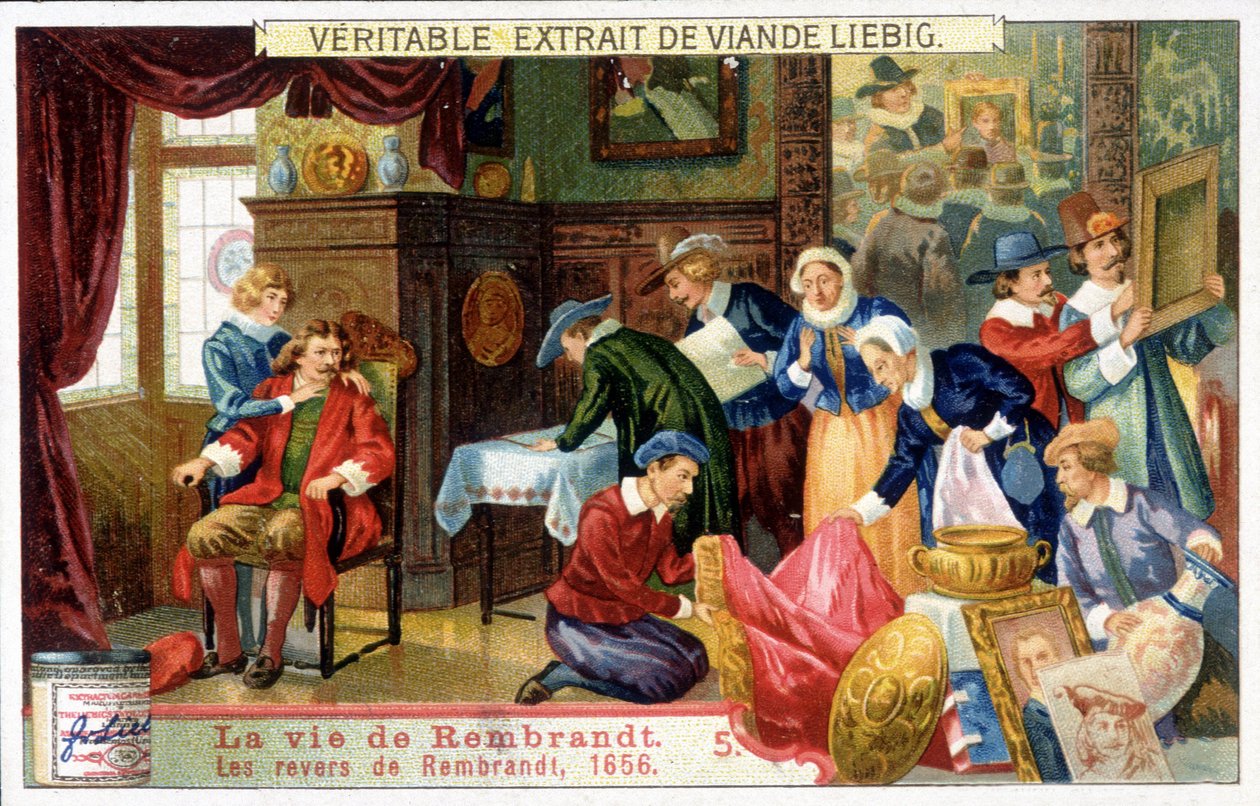 Chromolithographie Liebig sur la vie de Rembrandt (1606 - 1669), peintre néerlandais. Voici les revers de Rembrandt en 1656 - Unknown artist