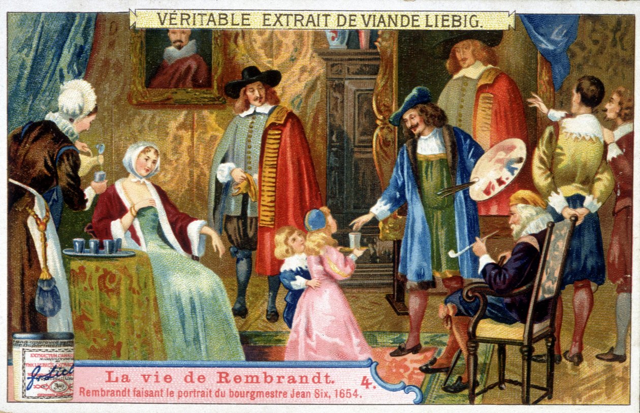 Chromolithographie Liebig sur la vie de Rembrandt (1606 - 1669) peintre néerlandais, ici représentant le maire Jean Six en 1654 - Unknown artist
