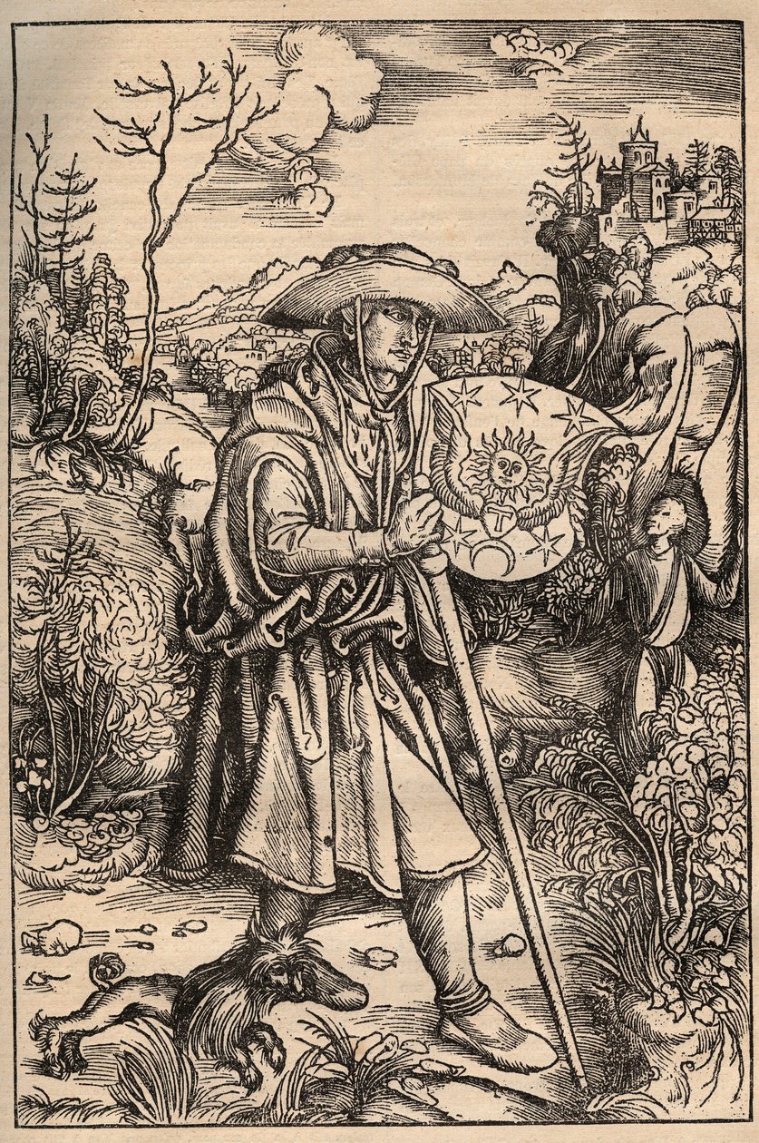 Le pèlerin avec son chien devant un château, illustration d