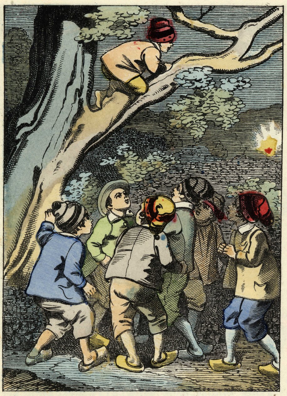 Le Petit Poucet grimpe sur un arbre et cherche son chemin. Il ramasse une lumière dans la forêt. Illustration du conte de Charles Perrault "Le Petit Poucet" - Unknown artist