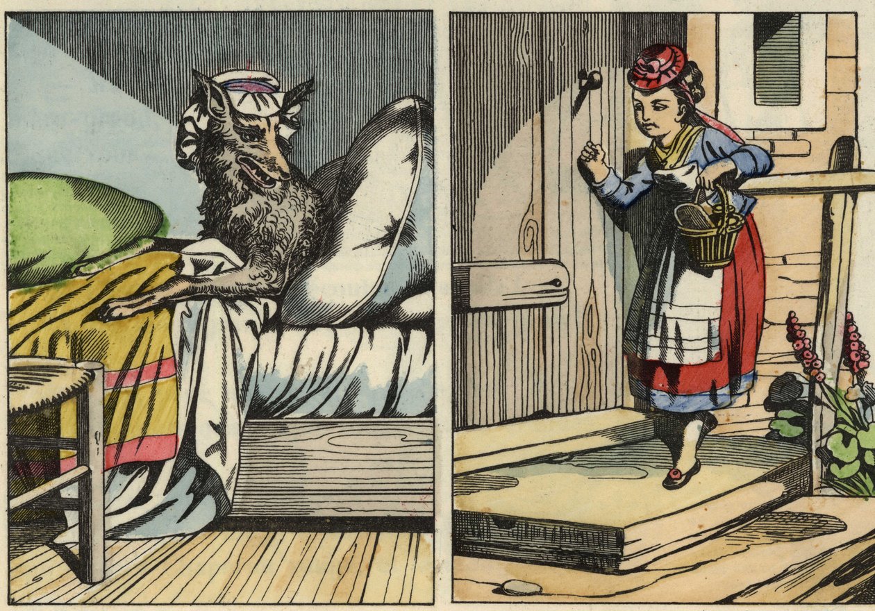 Le Petit Chaperon Rouge frappe à la porte de sa grand-mère. Illustration du conte « Le Petit Chaperon Rouge » de Charles Perrault - Unknown artist