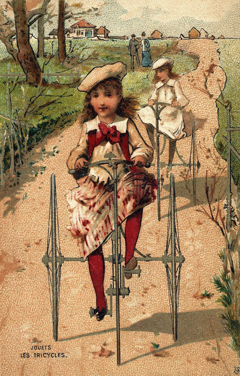Petites filles faisant du tricycle. Chromolithographie vers 1890. - Unknown artist