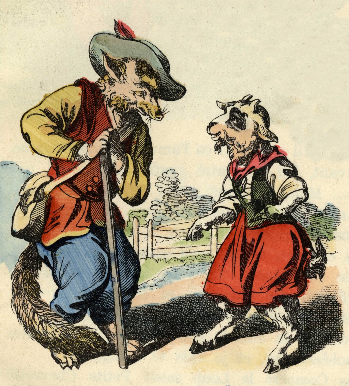 Le petit chevreau parle avec Maître Renard. Illustration du conte « Bon Médor et la Petite Chevrette ». Dans « Contes de la maison pour les petits ». Gravure anonyme du XIXe siècle - Unknown artist
