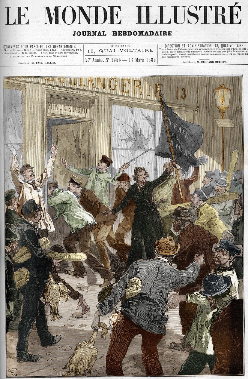 Louise Michel (1833-1905), révolutionnaire française, brandissant un drapeau noir inscrit « pain ou mort », lors du pillage d
