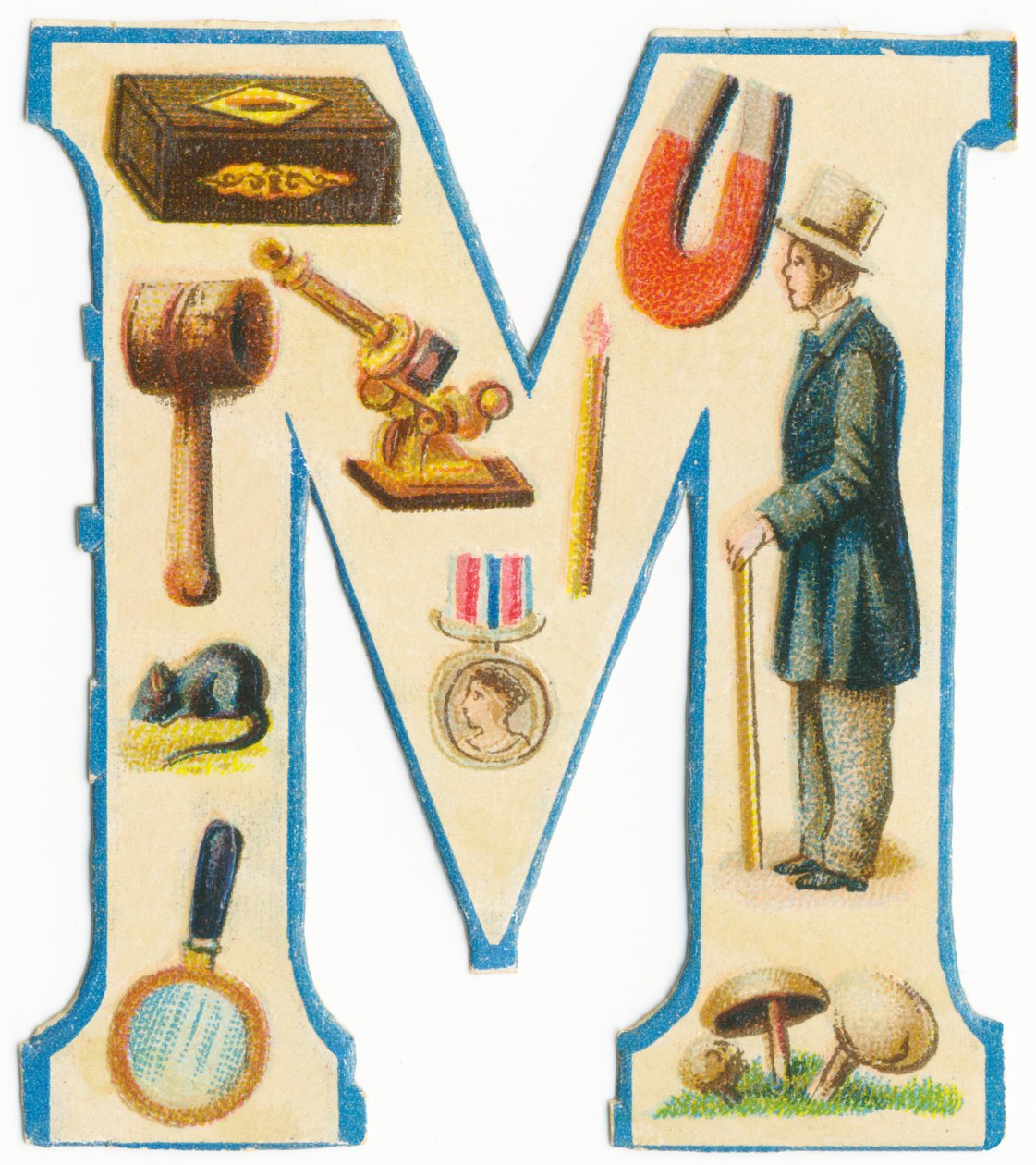M : allumettes, aimant, maillet, microscope, souris, médaille, homme, loupe, champignons - Unknown artist