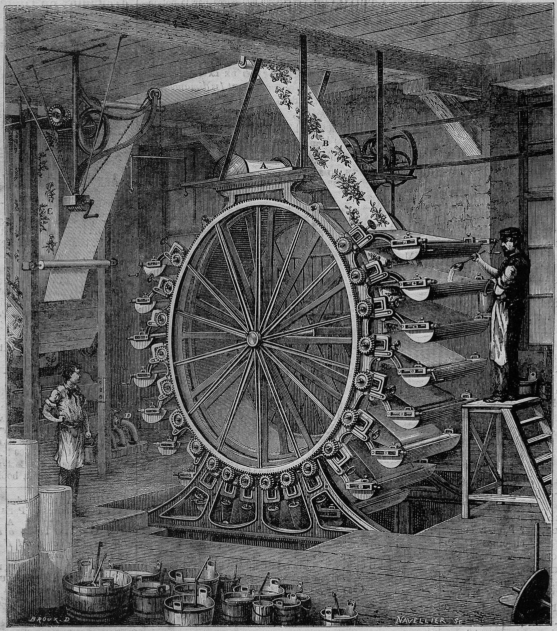 Machine à imprimer des papiers peints en vingt couleurs. Gravure dans "Les merveilles de l