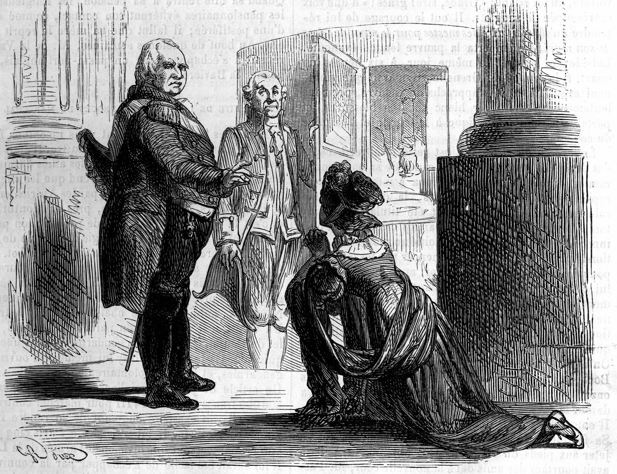 Madame la Comtesse de Labédoyère aux genoux de Louis XVIII, roi de France. - Unknown artist