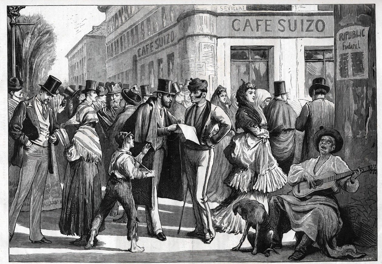 Madrid en 1873. Promeneurs au coin de la rue de Séville et de la rue d