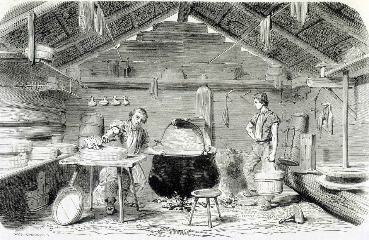 Fabrication du fromage Gruyère dans un chalet suisse, ou fromagerie dans les Alpes - dans «Les merveilles de l