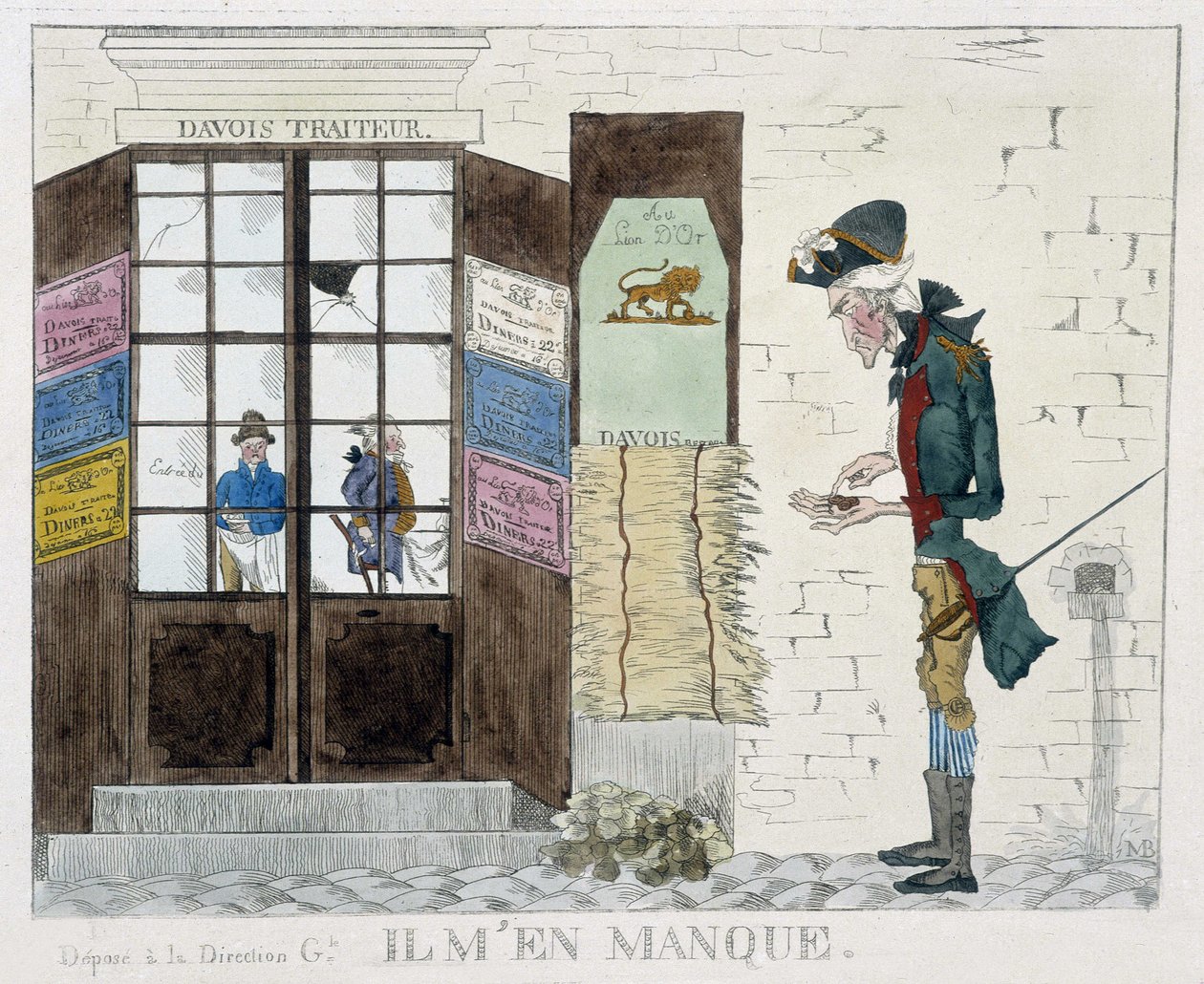 Homme sans sou devant la boutique de restauration - gravure - Unknown artist