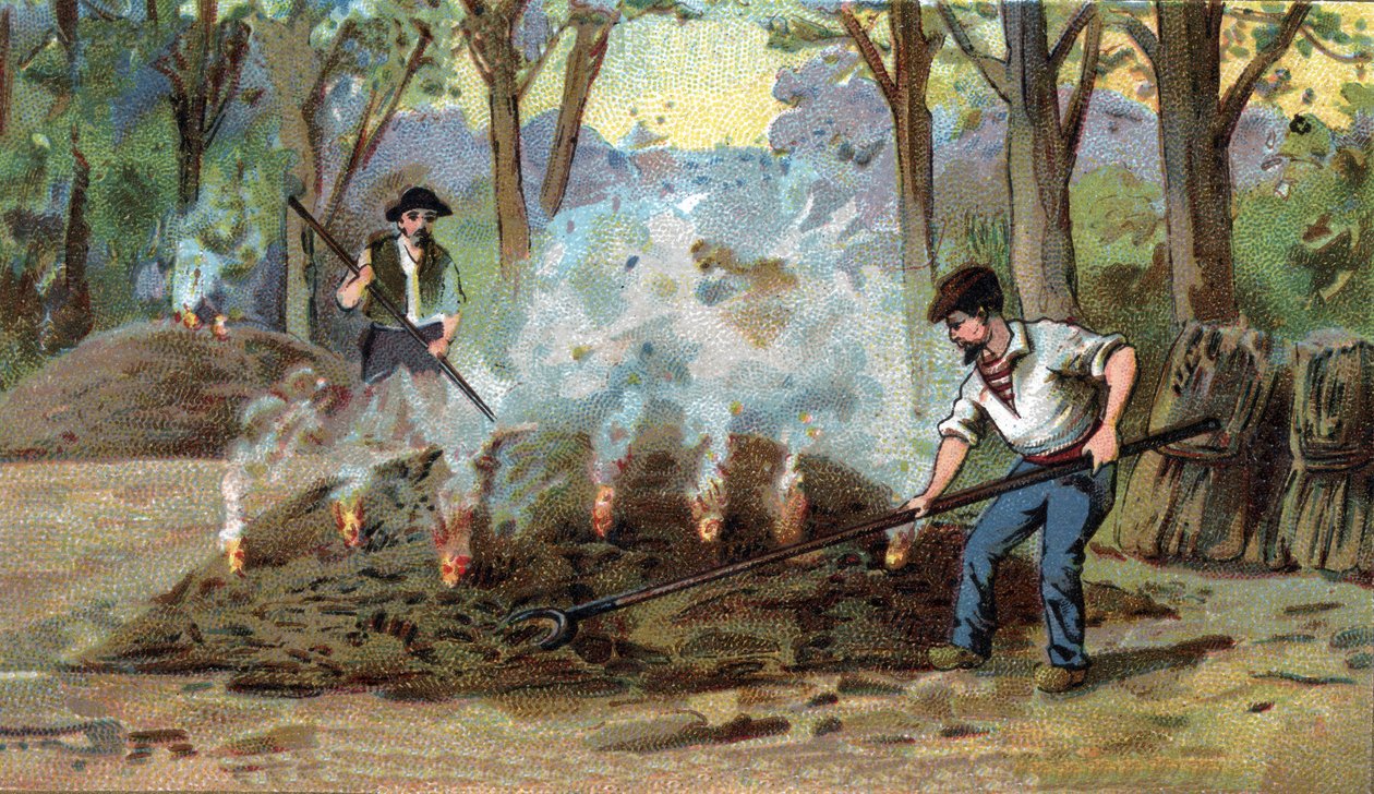 Fabrication du charbon de bois, four de combustion. Chromolithographie de la fin du 19e siècle. - Unknown artist