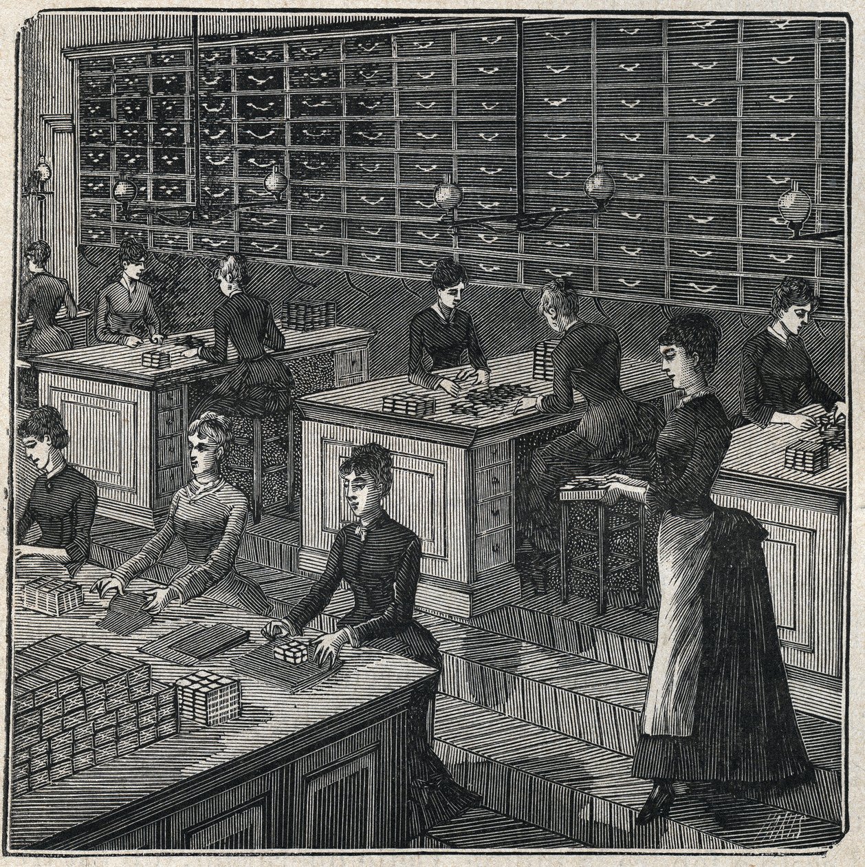 Fabrication de plumes métalliques : tri et emballage des plumes dans une usine en France au XIXe siècle. Gravure de 1885 dans « Les arts et métiers illustrés » par Adolphe Bitard. - Unknown artist
