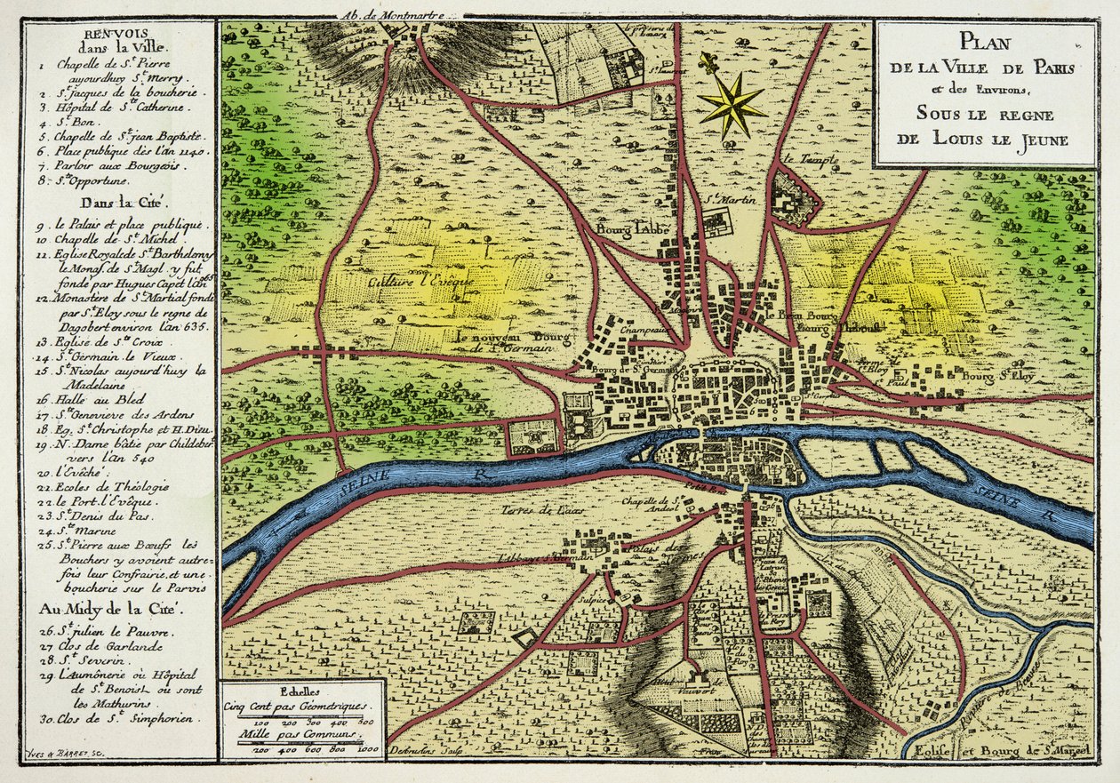 Carte de la ville de Paris sous le règne de Louis le Jeune (Louis VII 1120-1180) Roi des Francs, Gravure 19ème siècle - Unknown artist