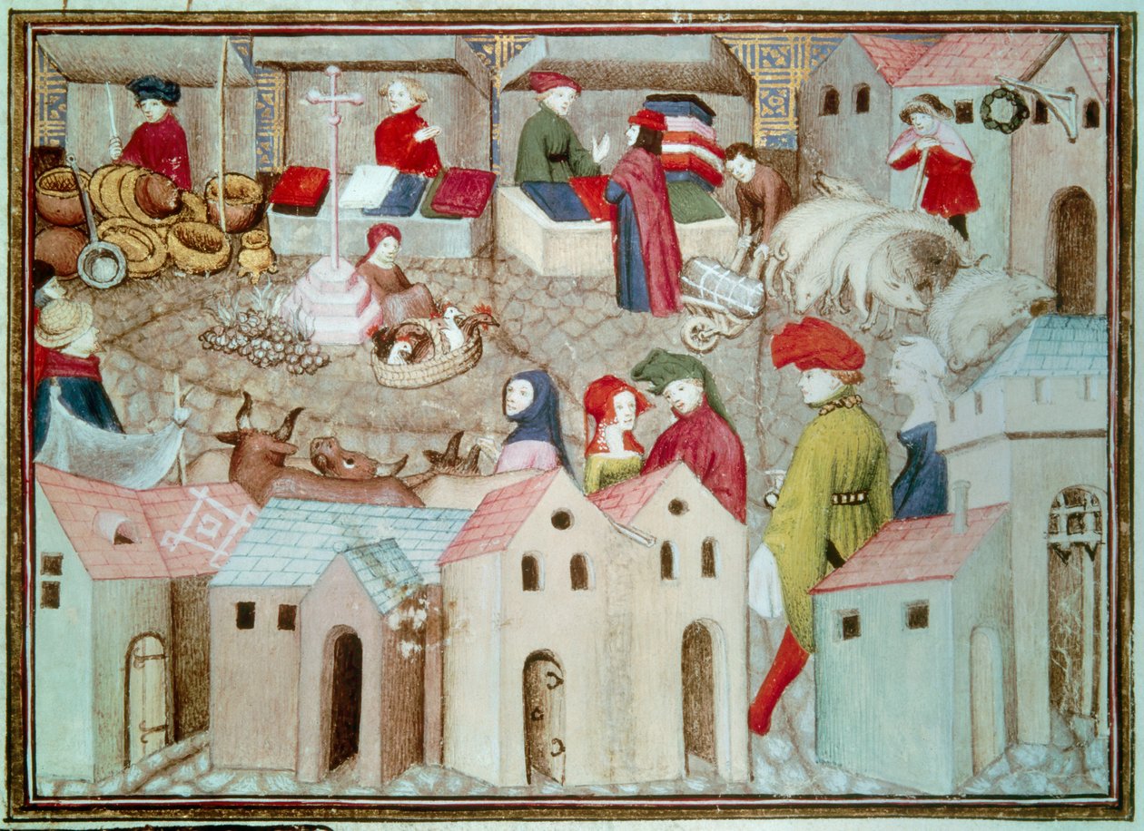 Marché de Champeaux à Paris. Marchands de bétail et de volaille, drapiers. Miniature tirée de "Le Chevalier Errant" de Thomas de Saluces (Tommaso III di Saluzzo), vers 1403-1404. Paris, B.N. - Unknown artist