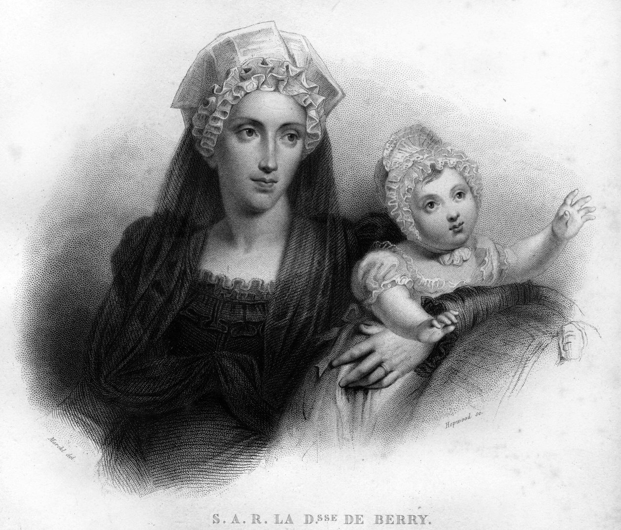 Marie-Caroline de Bourbon-Sicile, Duchesse de Berry (1798-1870) en tenue de veuve, tenant sa fille Louise Marie Thérèse d