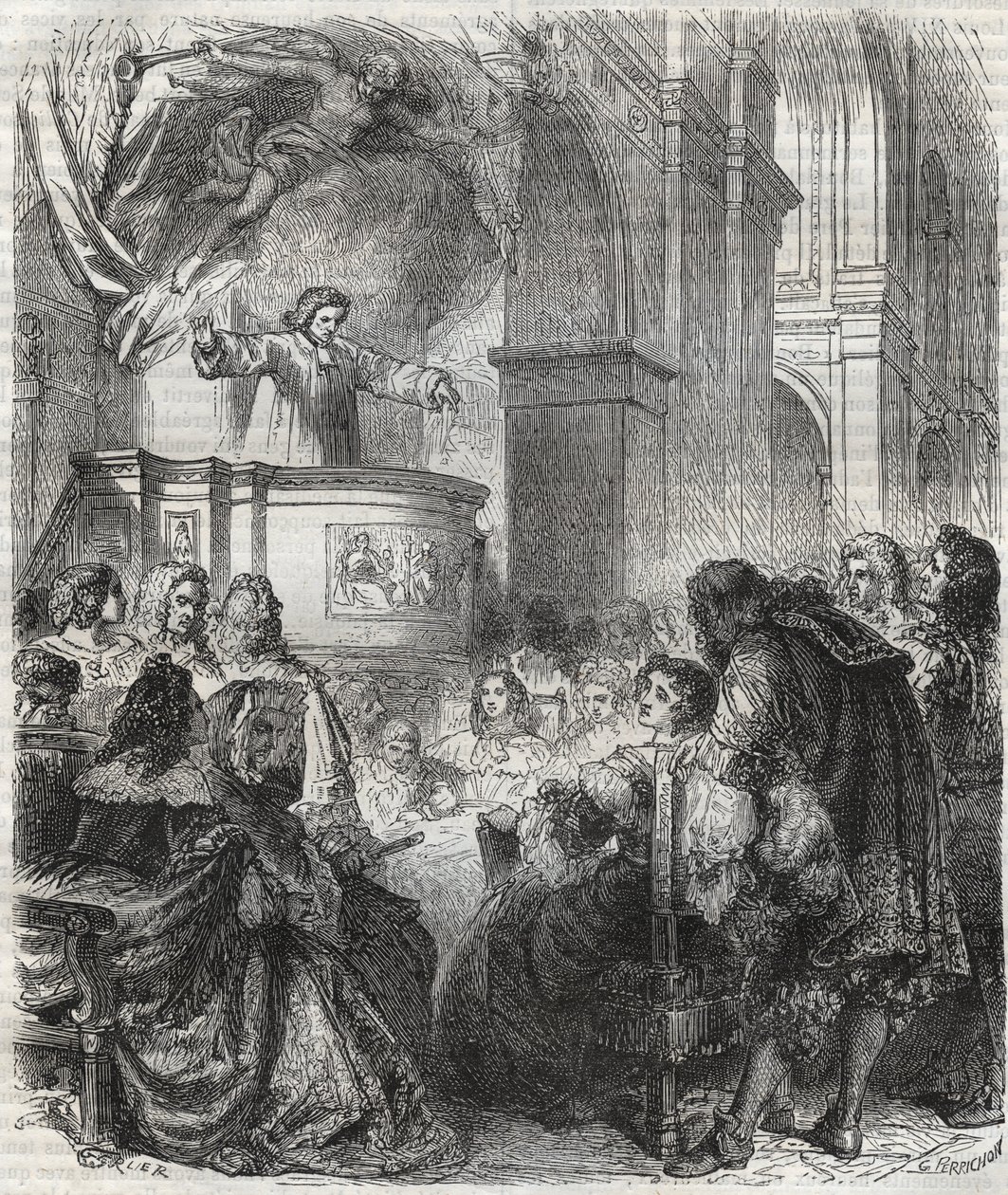 Marie de Rabutin-Chantal, marquise de Sévigné connue sous le nom de Madame de Sévigné (1626-1696), écoutant Louis Bourdaloue (1632-1704) à l