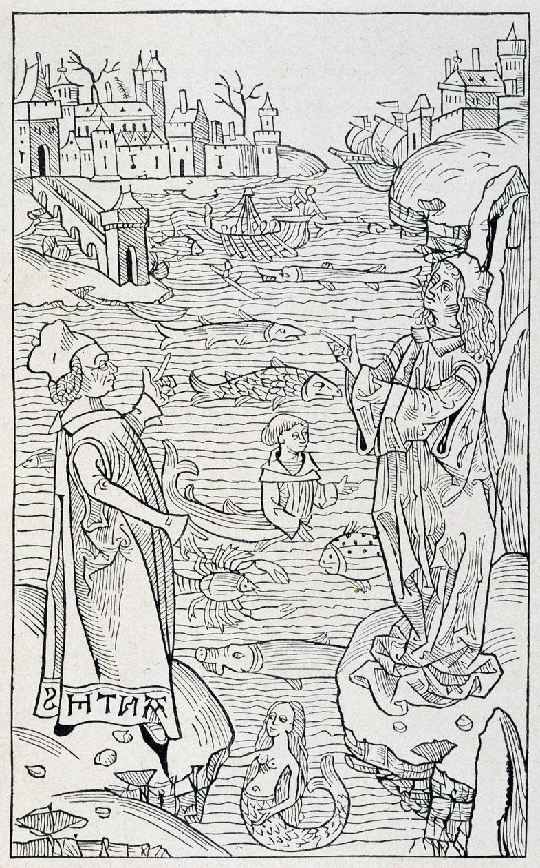 Animaux marins et monstres - page de titre du chapitre « De Piscibus » de « Hortus Sanitatis », édition de Mayence de l