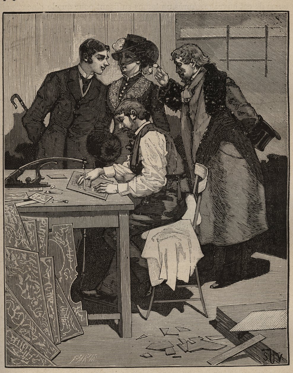 Marqueterie : marqueteur au travail. Gravure de 1885 dans "Les arts et métiers illustrés" par Adolphe Bitard. - Unknown artist
